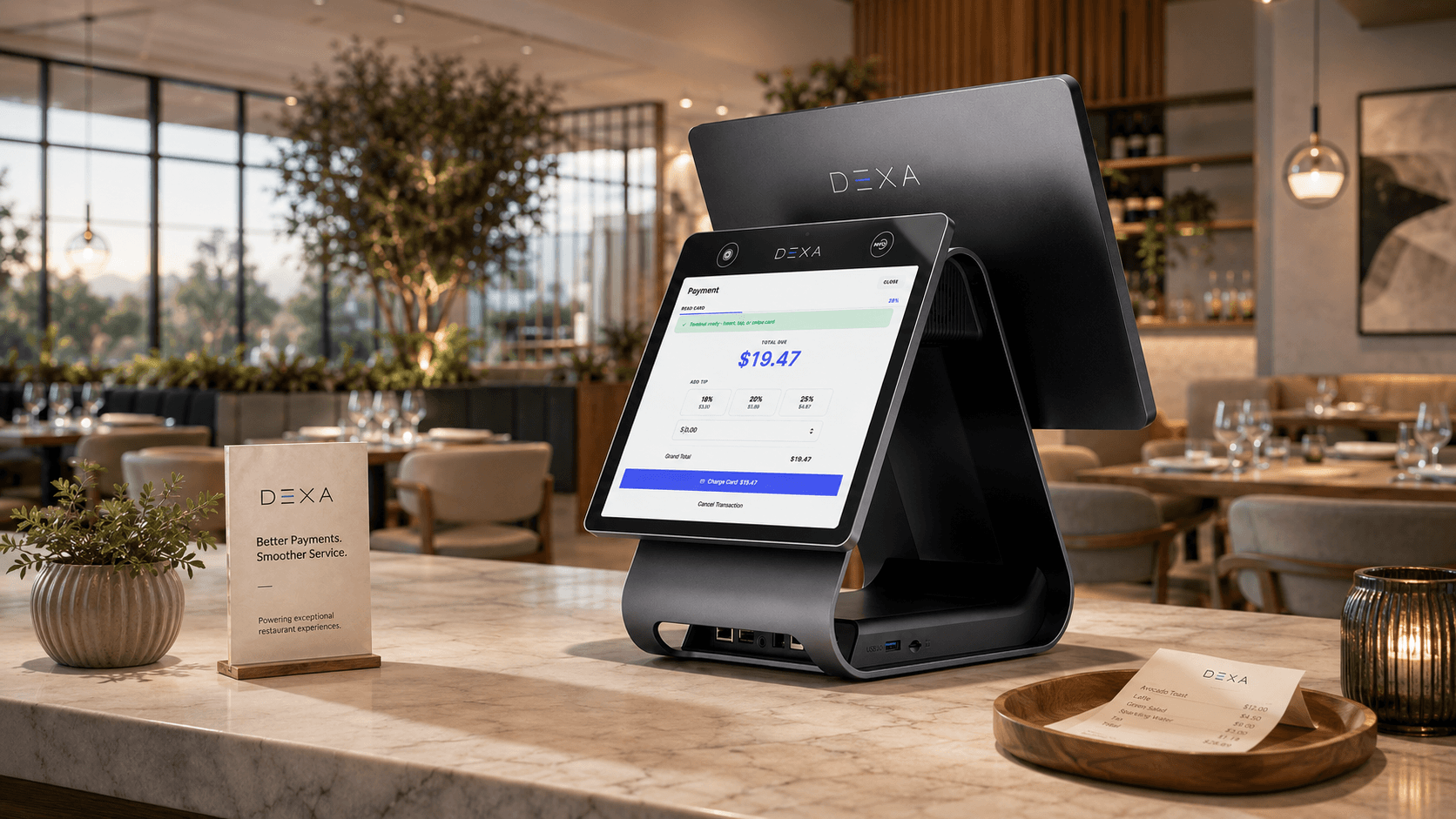A DEXA POS terminal running in a working restaurant dining room