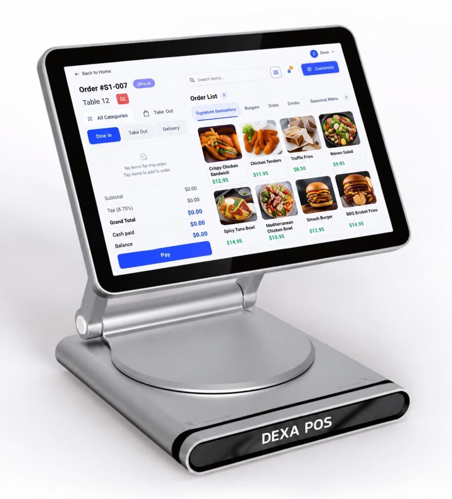 DEXA Table Top Kiosk with touchscreen ordering interface and integrated countertop stand for restaurant self-ordering and payment.