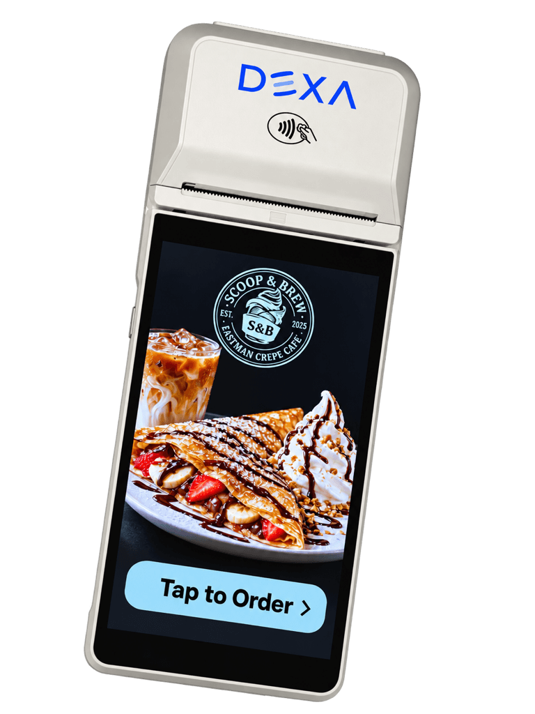 DEXA POS handheld touchscreen payment terminal for restaurant tableside ordering, mobile checkout, and integrated payment processing.