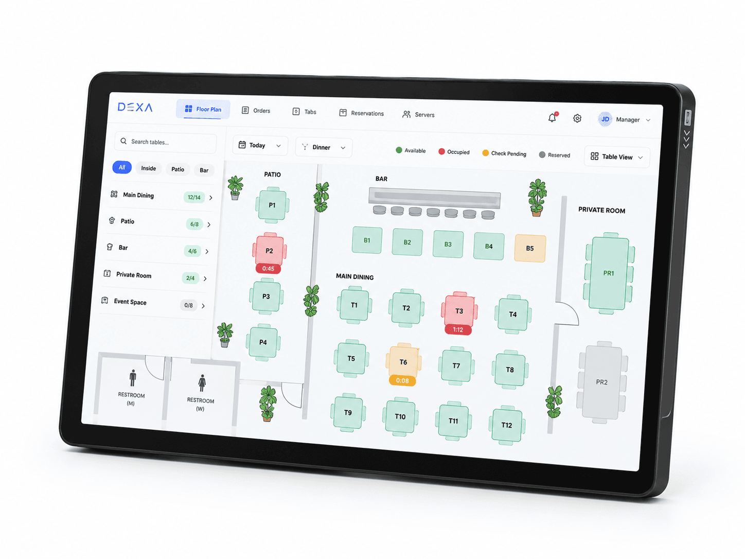 DEXA POS restaurant table management tablet displaying an interactive dining room floor plan with color-coded table availability, seating areas, and reservation statuses.