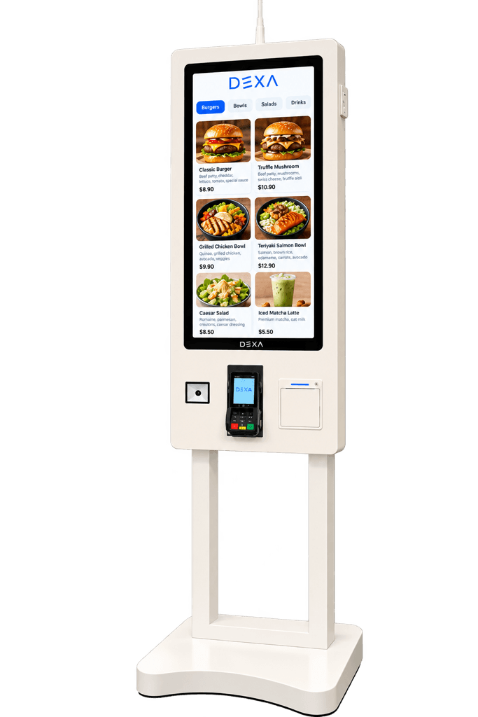 DEXA POS self-service ordering kiosk featuring an interactive restaurant menu, customizable orders, and integrated payment processing.