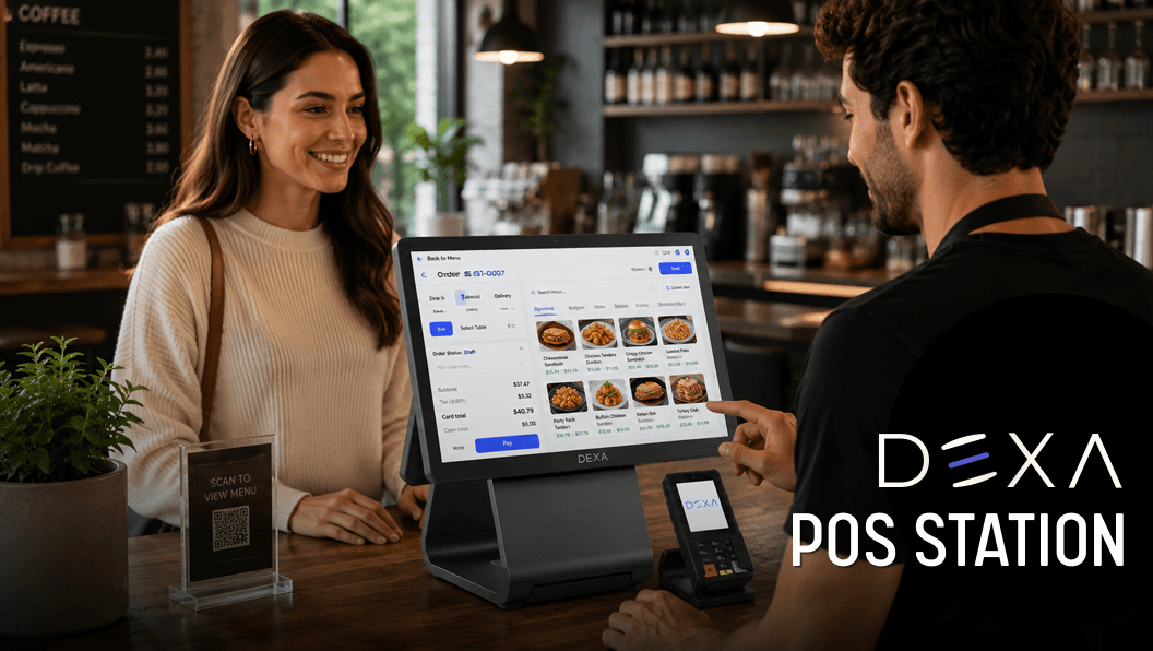 A DEXA POS station in a café, taking an order at the counter
